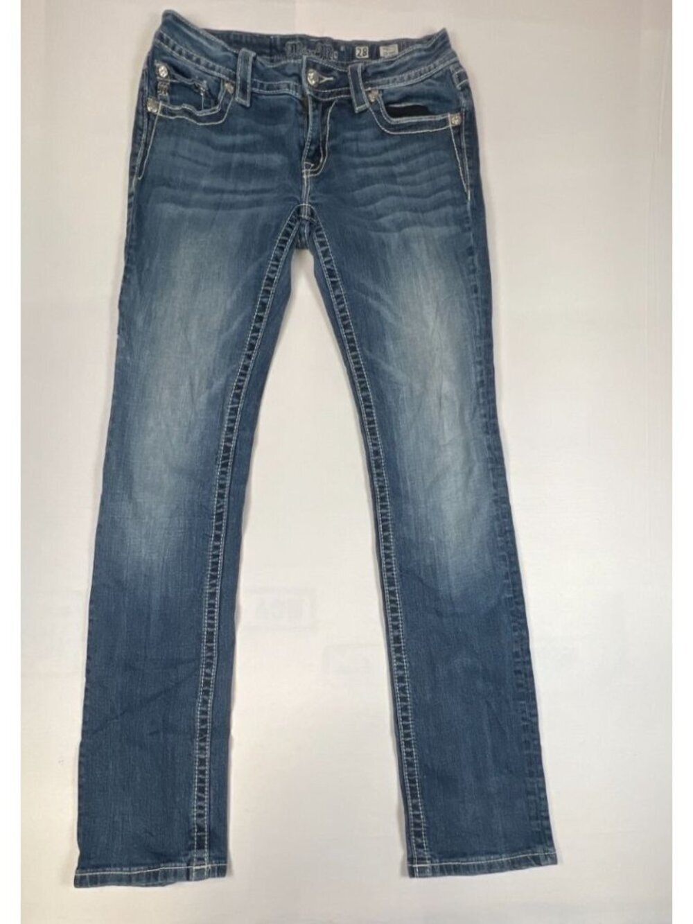 Miss Me Women 28x33.5 Signature Straight Jeans Blue Medium Wash Embroidered
